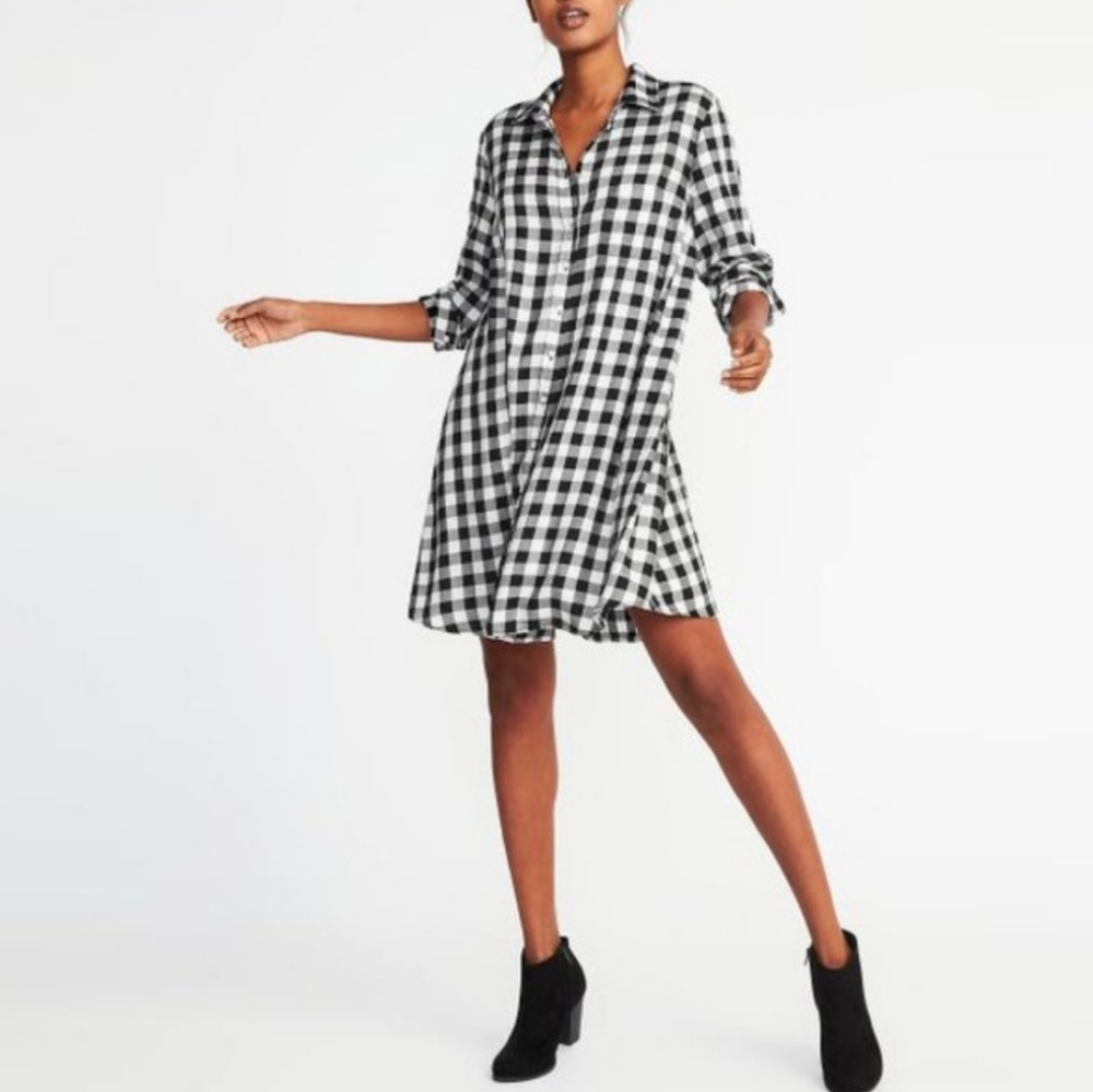 Old Navy Buffalo Plaid Shirt Dress Long Sleeve Boyfriend Shift Black White XS